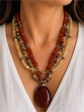 Natural Gemstone Necklace Carnelian Agate Jasper Calcite Boho Pendant Artisan